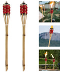 Two Pack Red Tiki Torch Oil Lamps For Outdoor Garden Pathway Lighting And Party Decor Durable Woven Torches With Red Dye Easy Install Weather Resistant Backyard Party Ready Lighting For Festivals And Celebrations, displayed together and lit outdoors.