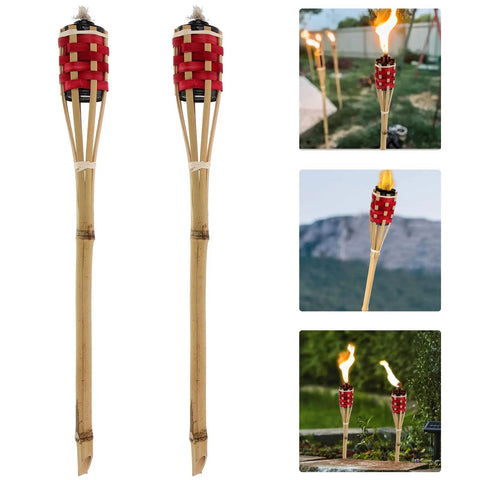 Two Pack Red Tiki Torch Oil Lamps For Outdoor Garden Pathway Lighting And Party Decor Durable Woven Torches With Red Dye Easy Install Weather Resistant Backyard Party Ready Lighting For Festivals And Celebrations, displayed together and lit outdoors.