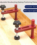 Adjustable MFT Bench Clamp For Woodworking With 19mm Aluminum Alloy Dog Hole Clamp on wooden table, sturdy design.