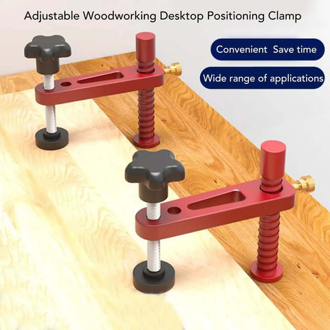 Two Pack Adjustable MFT Bench Clamp for Woodworking, 19mm aluminum alloy dog hole clamp in use on workbench