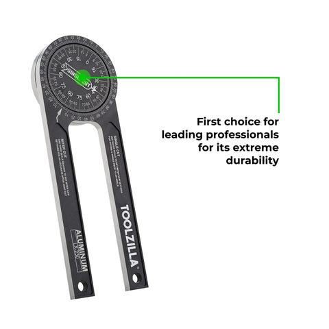Dead On Precision Seven Inch Aluminum Miter Saw Protractor Angle Finder showing scale, durable aluminum construction for precise cuts.