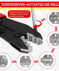 Ratcheting Wire Crimping Tool Set With Six Jaws For Heat Shrink Ferrule Ends Insulated Nylon And Non Insulated Terminals Open Barrel Terminals Solar Connectors Pro Grade Crimper Kit, screwdriver-actuated die release