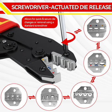 Ratcheting Wire Crimping Tool Set With Six Jaws For Heat Shrink Ferrule Ends Insulated Nylon And Non Insulated Terminals Open Barrel Terminals Solar Connectors Pro Grade Crimper Kit, screwdriver-actuated die release