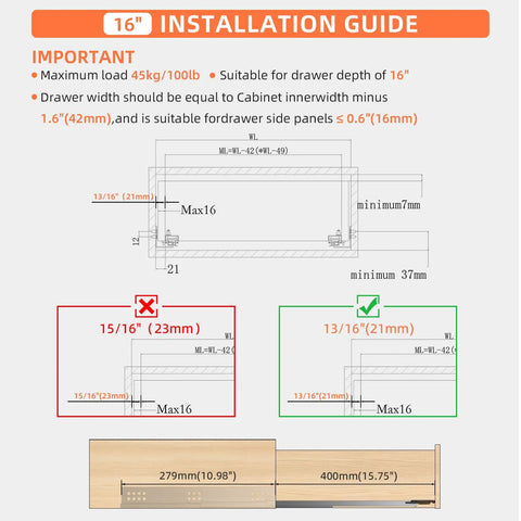Installation guide for 16 inch Bottom Mount Soft Close Drawer Slides Full Extension Concealed Rails For Frameless Cabinets, 100 lb load