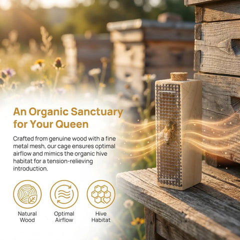 Five Pack Wooden Queen Cages For Beekeeping, Breathable Rearing Protector Cages With Metal Mesh And Corks on a wooden hive
