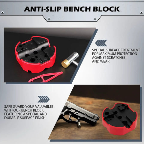 Pin Punch Hammer Set With Bench Block And 25-Piece Punch Kit featuring red anti-slip bench block on table