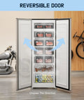 Massive Seven Point Zero Cubic Foot Upright Deep Freezer Heavy Duty Stand Up Cold Storage with reversible door, showcasing frozen meats and seafood.