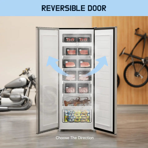 Massive Seven Point Zero Cubic Foot Upright Deep Freezer Heavy Duty Stand Up Cold Storage with reversible door, showcasing frozen meats and seafood.