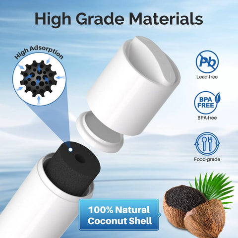 Replacement Samsung DA2900020B Fridge Water Filter with natural coconut shell material and BPA-free certification shown.