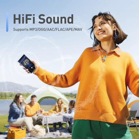 Person outdoors holding a 5 Inch MP3 Player With 128GB Real Storage Bluetooth And WiFi Android 13 System Responsive Touch Screen.