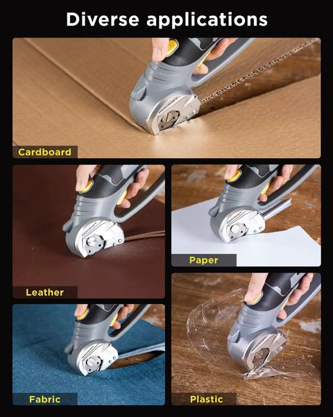 Inokraft Cordless Electric Scissors With Safety Button for Fabric and Cardboard Packaging cutting leather, fabric, paper, and plastic.