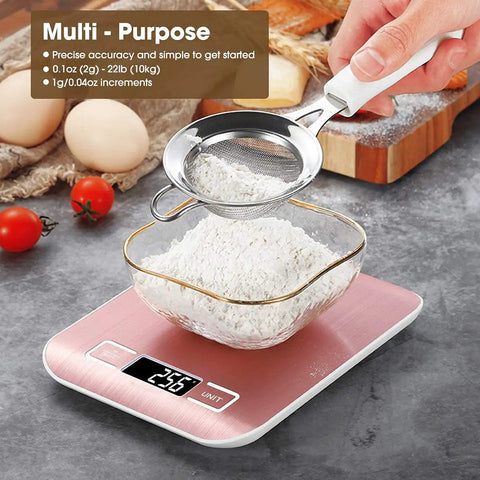 Pink Digital Kitchen Scale 22Lb Capacity With 1g Precision For Baking And Cooking, stainless steel platform with flour