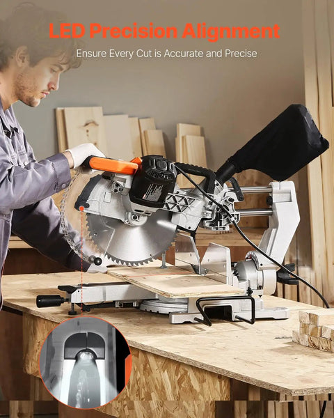 Man using Sliding Compound Miter Saw With 12-Inch Blade, 15 Amp Motor, 60-Tooth Corded Double Bevel for precise wood cutting.