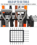 Close-up of Heavy Duty Corner Garden Tool Organizer For Garage And Shed Storage With Adjustable Feet, holding multiple rakes.