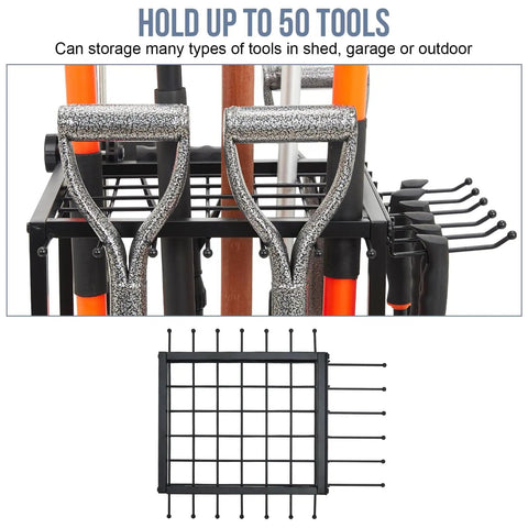 Close-up of Heavy Duty Corner Garden Tool Organizer For Garage And Shed Storage With Adjustable Feet, holding multiple rakes.