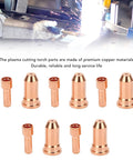 Upgrade Your PT100 Series Plasma Cutter With This Awesome 10 Piece Nozzle Electrode Kit Made From Premium Copper For High Temp Cutting Jobs, showing five nozzles and five electrodes.