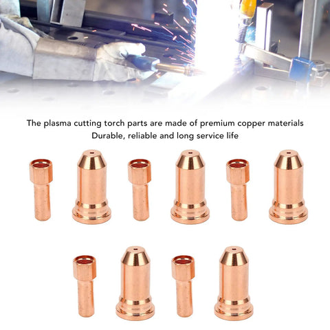 Upgrade Your PT100 Series Plasma Cutter With This Awesome 10 Piece Nozzle Electrode Kit Made From Premium Copper For High Temp Cutting Jobs, showing five nozzles and five electrodes.