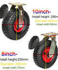 Heavy Duty Industrial Casters Delivering Quiet Smooth Rolling With Rock Solid Swivel Or Fixed Options featuring 10inch and 8inch inflatable rubber tires.