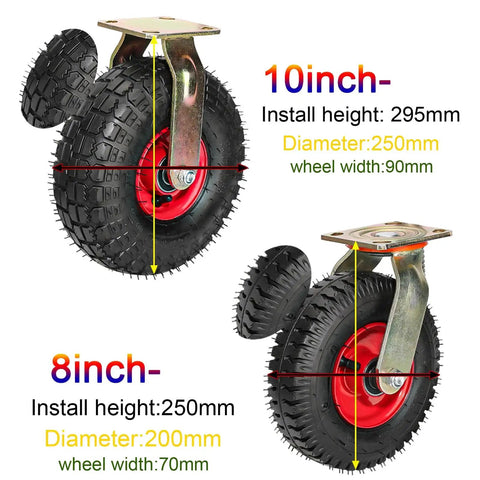 Heavy Duty Industrial Casters Delivering Quiet Smooth Rolling With Rock Solid Swivel Or Fixed Options featuring 10inch and 8inch inflatable rubber tires.