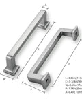 Two Brushed Satin Nickel Cabinet Pulls with measurements. Features 20 Pack, 3-3/4 Inch Hole Centers, 4.45 Inch Length, 0.4 Inch Width, 1.14 Inch Projection.