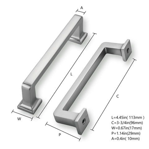 Two Brushed Satin Nickel Cabinet Pulls with measurements. Features 20 Pack, 3-3/4 Inch Hole Centers, 4.45 Inch Length, 0.4 Inch Width, 1.14 Inch Projection.