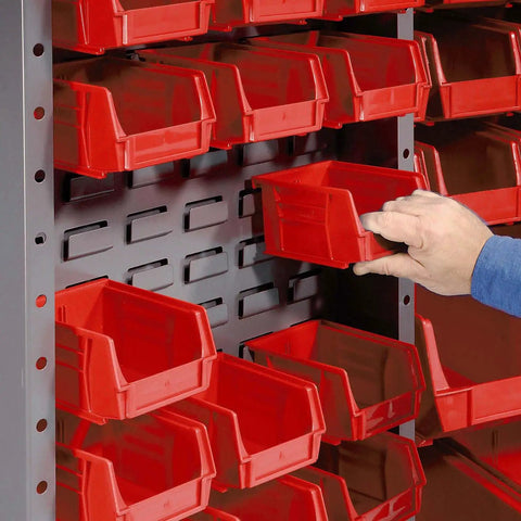 Straight Up Heavy Duty Storage Bin Cabinet With 132 Red Plastic Organizers, displaying trays mounted on steel backing.