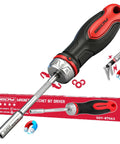 Quarter Inch Magnetic Ratcheting Screwdriver with Durable Bit Holder and No Slip Cushion Grip 220mm Long Multi Tip Set