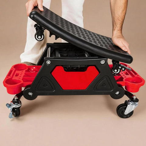 2 In 1 Rolling Mechanic Stool And Creeper Seat With Modular Removable Cushion Tool Tray Heavy Duty 300 Lbs Capacity shown with tool tray.