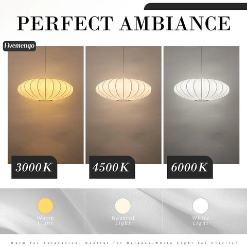 Upgrade Your Space with This Epic 20 Inch White Bubble Saucer Lantern Pendant Light Featuring Imitation Silk Shade and Sturdy Metal Frame for Modern Farmhouse Living Room Bedroom Decor Vibe Check Passed - Display of 3000K, 4500K, and 6000K light settings.
