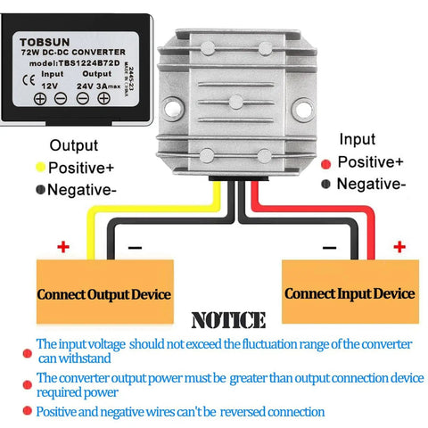 12V To 24V Boost Converter 3A Waterproof Power Module with wiring diagram for golf carts and recreational vehicles.