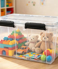 Heavy Duty Clear Plastic Storage Tote With Secure Lock Latch 54 Quart Transparent Waterproof Crate filled with toys and games.