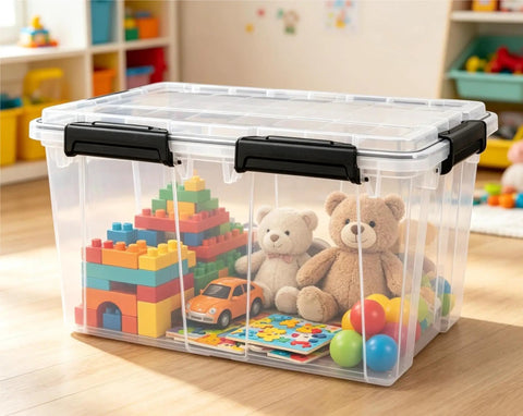 Heavy Duty Clear Plastic Storage Tote With Secure Lock Latch 54 Quart Transparent Waterproof Crate filled with toys and games.
