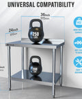 Pro Grade Heavy Duty Stainless Steel Prep Table 24 By 36 Inches With Undershelf And Backsplash NSF Certified Food Safe Commercial Kitchen Work Station For Restaurant Kitchen Or Garage with kettlebells on surface and undershelf.