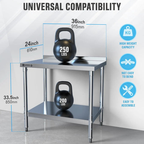 Pro Grade Heavy Duty Stainless Steel Prep Table 24 By 36 Inches With Undershelf And Backsplash NSF Certified Food Safe Commercial Kitchen Work Station For Restaurant Kitchen Or Garage with kettlebells on surface and undershelf.