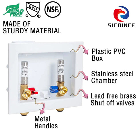 Washing Machine Outlet Box With Water Hammer Arrestor And One Quarter Turn Ball Valves Stop Hammering Noise Easy Install Inlet Half Inch Push To Connect Outlet Three Quarter Inch Male Thread Durable Brass Construction