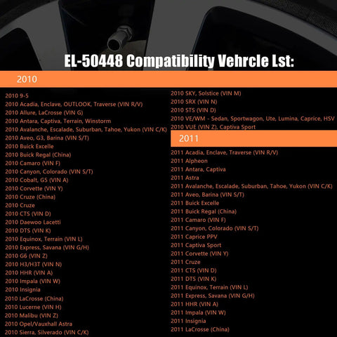 GM TPMS Relearn Tool For Tire Sensor Activation EL-50448 Compatibility list showing vehicle models from 2010 and 2011.