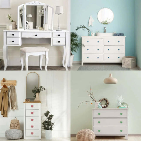 Various furniture setups featuring white dressers and vanities enhanced with colorful drawer knobs including 2 Pack Headturner Yellow Ceramic Drawer Knobs Round Dresser Pulls Comes With M4 Screws For Cupboard Wardrobe Total Game Changer For Cabinets Glazed Smooth Handle No Cap Best Upgrade Kitchen Bathroom Decor You Bet Will Impress Friends Today.
