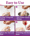 150 Piece Poultry Shrink Bag Kit With Heavy Duty Zip Ties, 13X18 Inch Clear Heat Seal Wrap, Freezer Safe Food Grade Plastic Pouches showing easy usage steps.