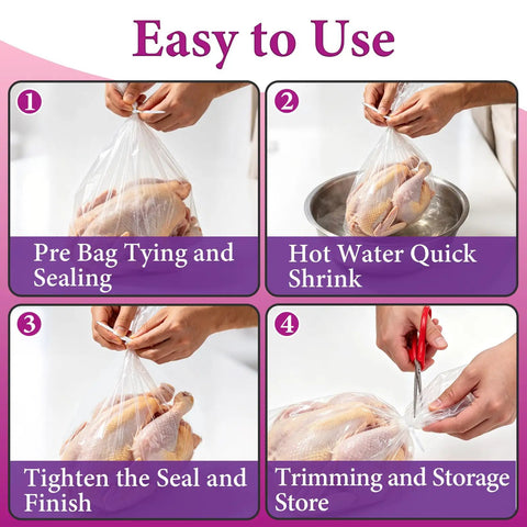 150 Piece Poultry Shrink Bag Kit With Heavy Duty Zip Ties, 13X18 Inch Clear Heat Seal Wrap, Freezer Safe Food Grade Plastic Pouches showing easy usage steps.