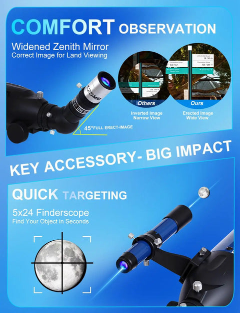 High Powered 90mm Aperture 800mm Refractor Telescope with comfort observation feature and 5x24 finderscope.