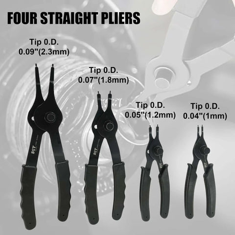 Four straight pliers from 14 Piece Snap Ring Pliers Set With Internal And External Circlips Pliers Including 45 Degree Bent 90 Degree Bent And Straight Pliers Hook And Pick Pro Grade Heavy Duty Removal Tool With Storage Case And Gloves For Easy Ring Removal showing varying tip diameters