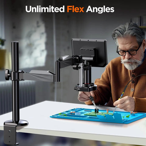 Autofocus 4K HDMI Digital Microscope With 10.1 Inch EM4K AF Flex Arm Display on flex arm over circuit board repair