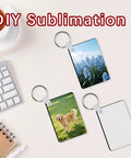 20 Pcs Sublimation Keychain Blanks Set Double Sided MDF Rectangle Ornaments displayed with floral and dog images