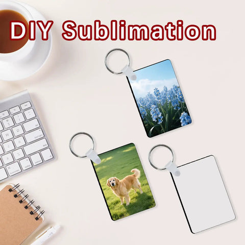20 Pcs Sublimation Keychain Blanks Set Double Sided MDF Rectangle Ornaments displayed with floral and dog images