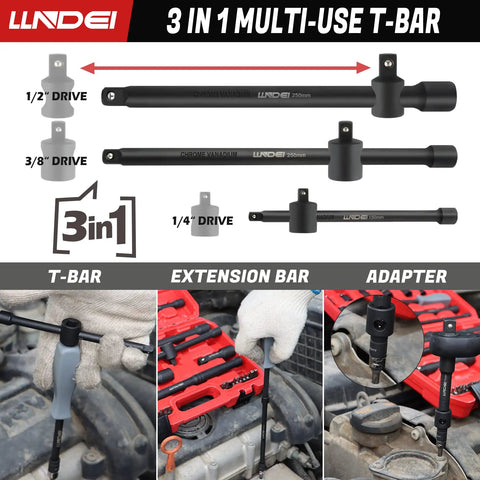 Heavy Duty Socket Set With One Quarter Inch Drive One Half Inch Drive And Three Eighths Inch Drive 43 Piece Kit with T-bar 3-in-1 tool