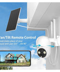 Hella Tough 5Mp Solar Wireless Ptz Security Camera With Ai Human Detection Auto Tracking IP66 Waterproof and Dope Two Way Audio mounted with solar panel and smartphone app view.