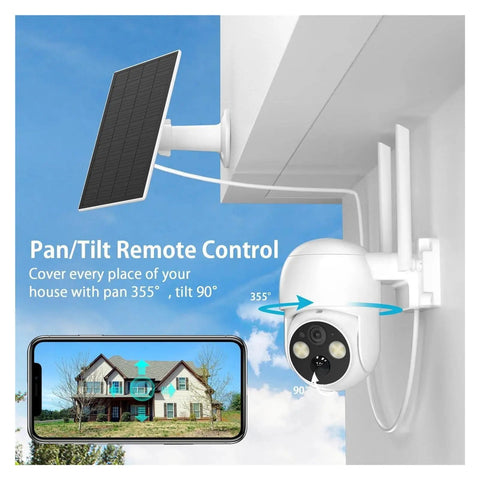 Hella Tough 5Mp Solar Wireless Ptz Security Camera With Ai Human Detection Auto Tracking IP66 Waterproof and Dope Two Way Audio mounted with solar panel and smartphone app view.