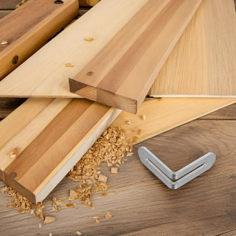 Stainless Steel L Shape Shelf Brackets for wood shelves with adjustable slot design next to wood shavings and planks, angled view.