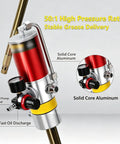 Top Notch 800W Cordless Electric Drum Pump For Oil Transfer With 3 Speed Settings And 6 Replaceable Tubes close-up of aluminum pump with pressure gauge.