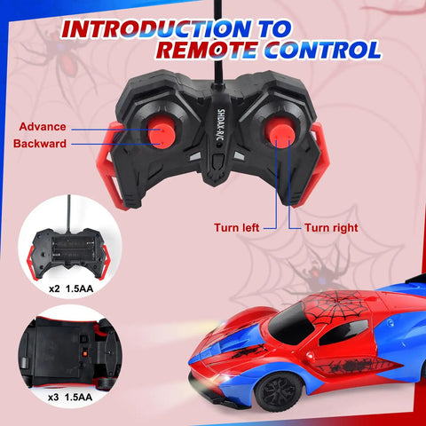 Spider Themed RC Car For Kids 3 Plus, Remote Control Toy Car Gift showing controller and race car design